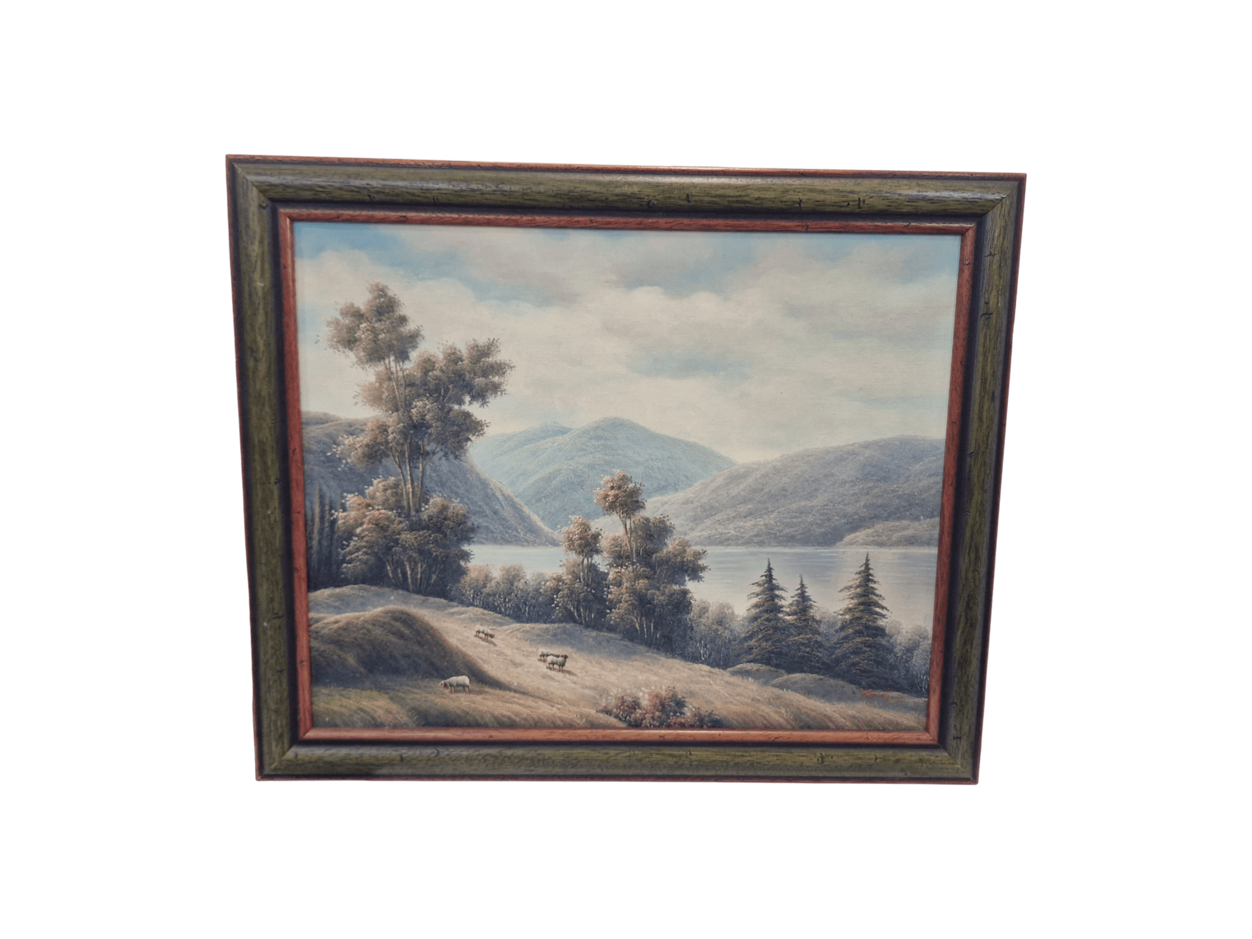 Paisaje al óleo enmarcado con ovejas y montaña